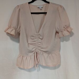 Topshop Pale Pink Ruched V-Neck Puff Sleeve Blouse
